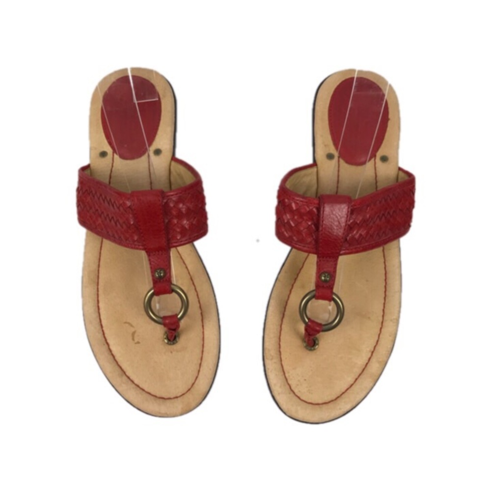 Frye Red Leather Basket Weave T Strap Sandal 8.5